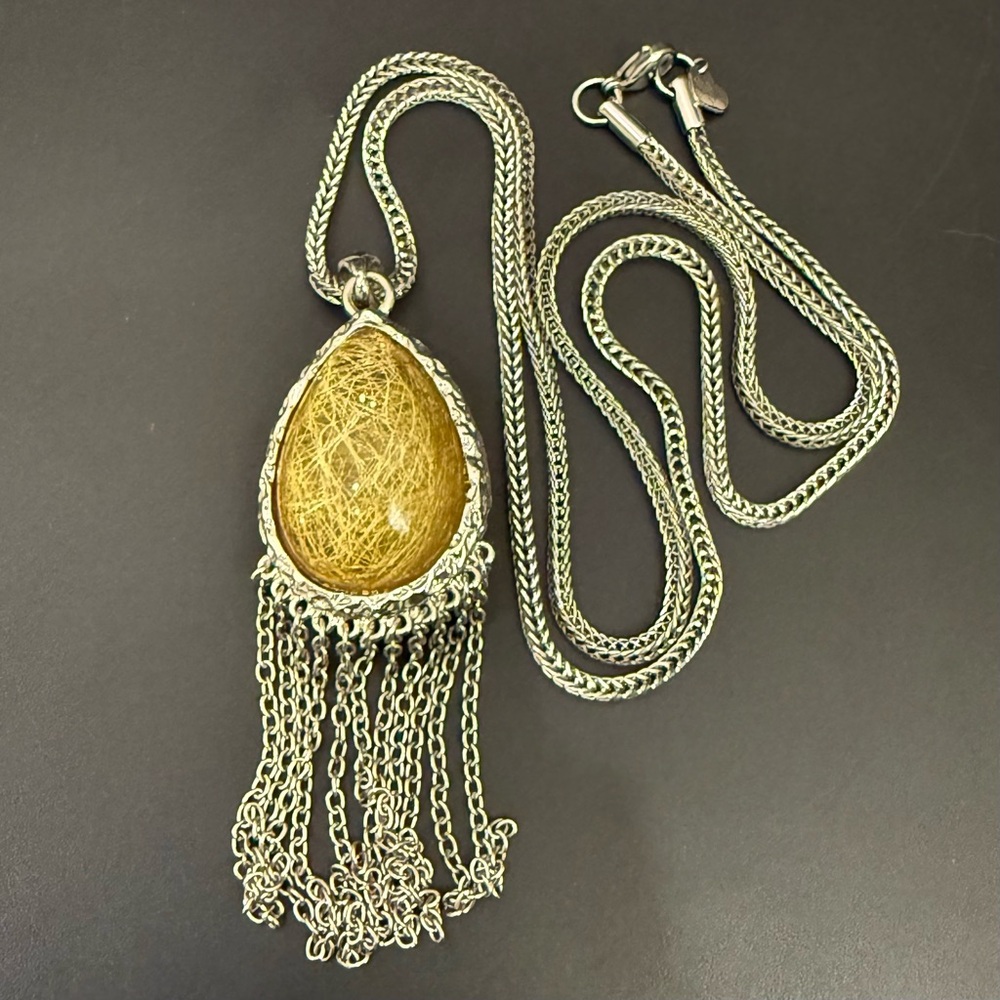 Stainless Steel Golden Rutilated Quartz Teardrop Fringe Pendant 29” Necklace - Picture 2 of 14
